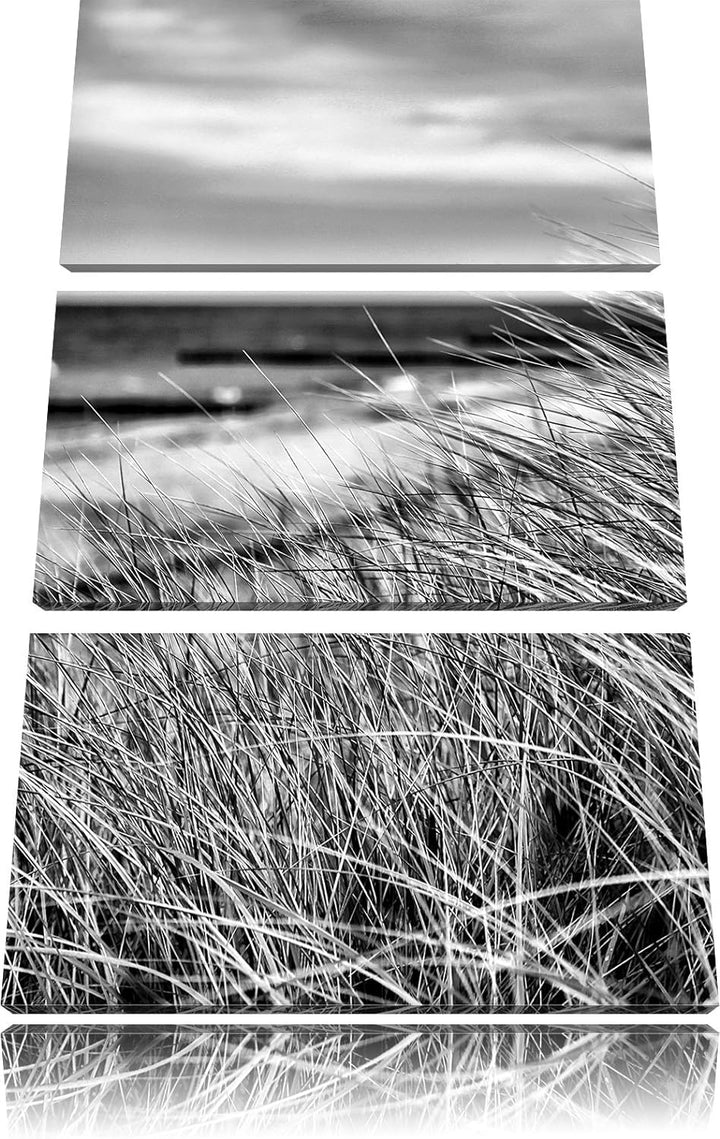 Pixxprint Monocrome, Sanddünen mit Schilfgras am Meer 3-Teiler Leinwandbild 120x80 Bild auf Leinwand