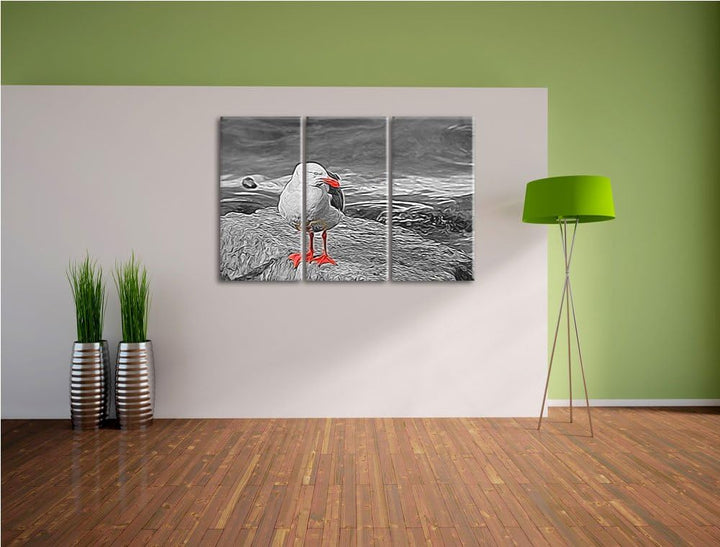 kleine Möwe auf Felsbrocken schwarz/weiss Spezial 3-Teiler Leinwandbild 120x80 Bild auf Leinwand, XX