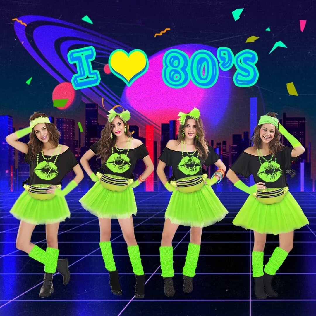 WILDPARTY 80er Jahre Outfit Damen Set, T-Shirt, Tutu, Gürteltasche, Stirnband, Ohrring, Halskette, N