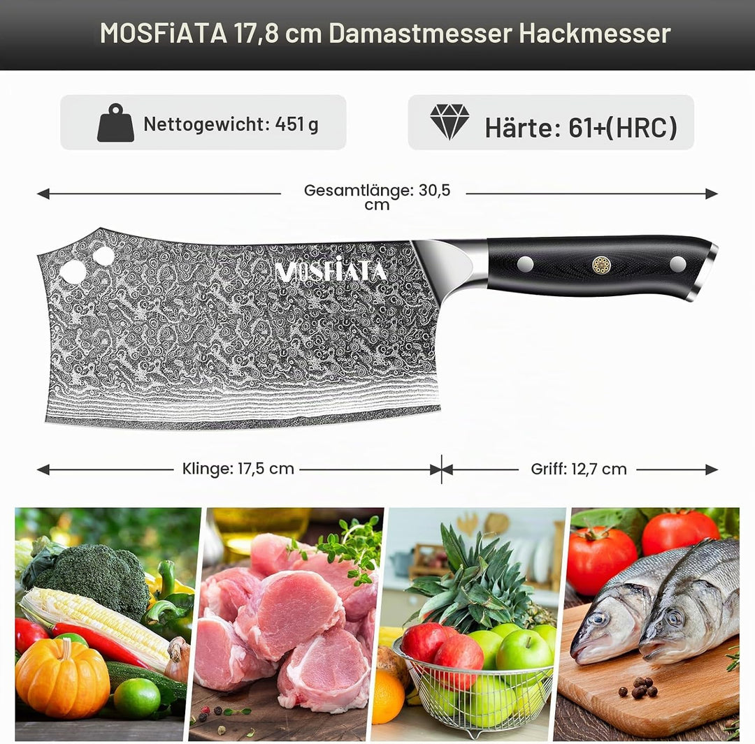 MOSFiATA Damast Hackmesser 7 Zoll, Kochmesser Klassik Chinesches Küchenmesser, Damastmesser Kochmess