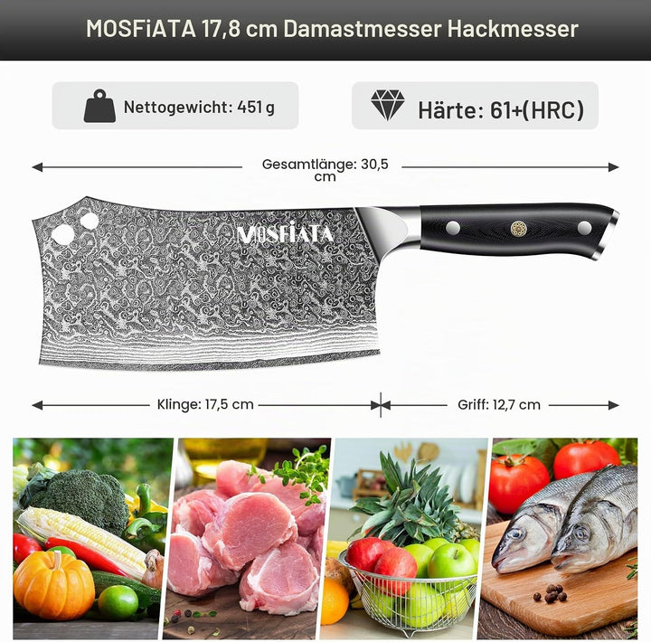 MOSFiATA Damast Hackmesser 7 Zoll, Kochmesser Klassik Chinesches Küchenmesser, Damastmesser Kochmess