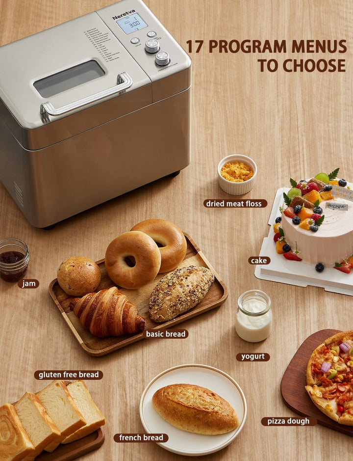 Neretva Brotbackautomat, 17 Programme&1KG Kapazität Brotbackautomaten mit Auto Nuss&Fruchtspender, A