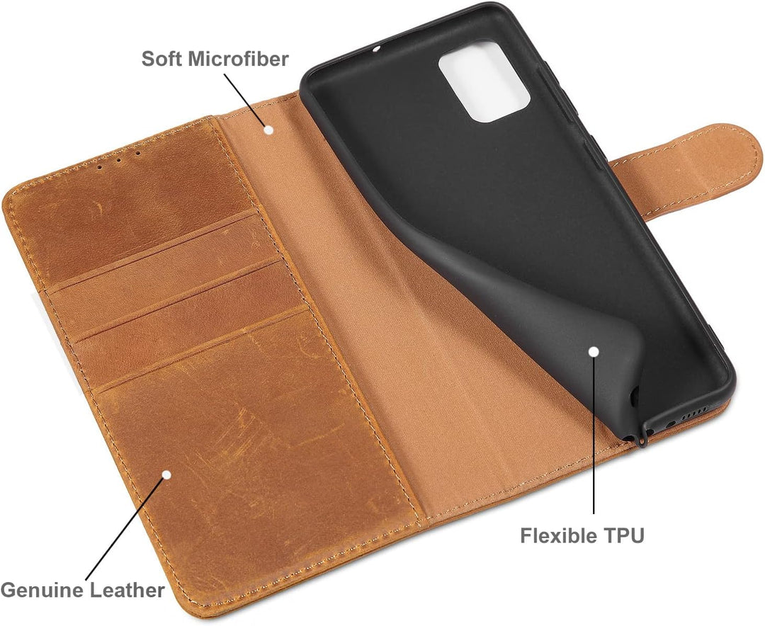 LENSUN Echtleder Hülle für Samsung Galaxy A51 4G, Handyhülle [Echtes Leder] [Magnetverschluss] [RFID