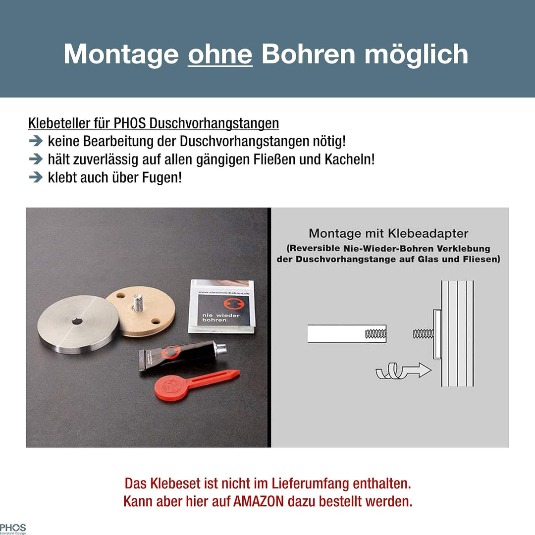 PHOS Design, DSE1200, Eck-Duschvorhangstange 120 x 120 cm, massiver Edelstahl matt gerbürstet, Winke
