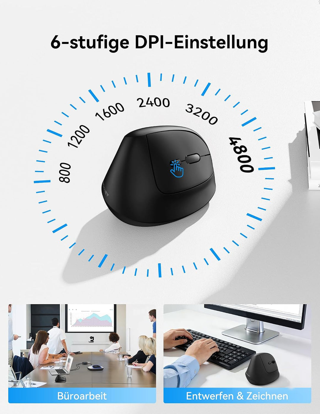 TECKNET Vertikale Ergonomische Maus Wiederaufladbare | 6 Einstellstufen bis zu 4800 DPI, 2.4G + BT (