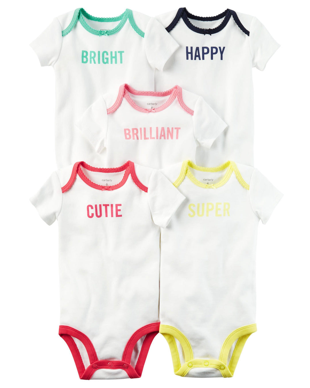 Carters Girls 5-Pack Short-Sleeve Bodysuit White Slogan, 6 Months