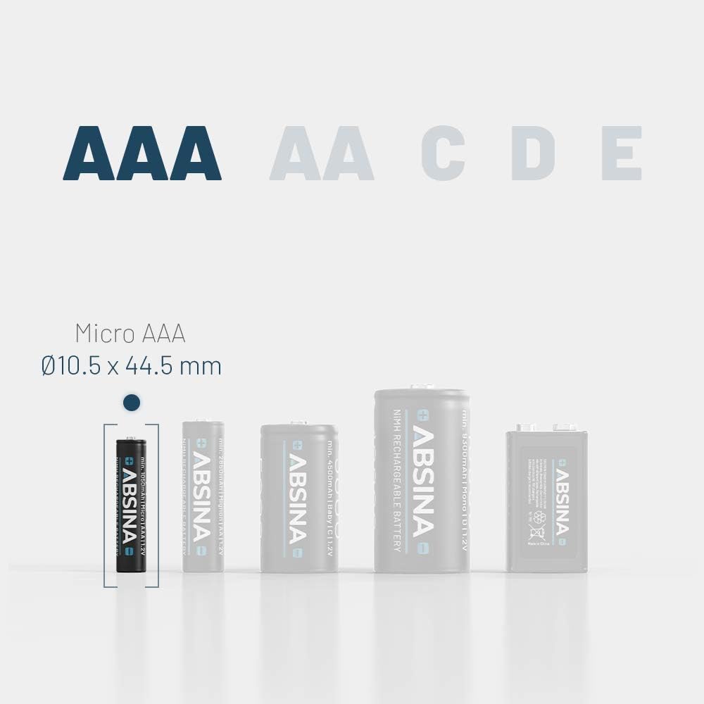 ABSINA 4X AA Mignon 2900 & 4X AAA Micro 1150 Akku - NiMH Wiederaufladbare Akkus mit 1,2V - Akkus für