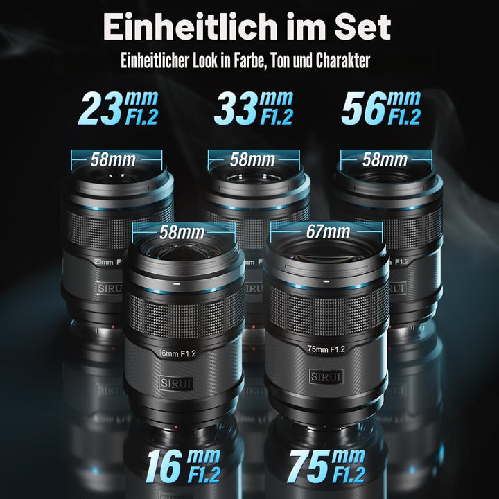SIRUI Sniper 16mm, 23mm, 33mm, 56mm, 75mm Autofokus-Objektiv-Set, F1.2 Weitwinkel APS-C Kameraobjekt