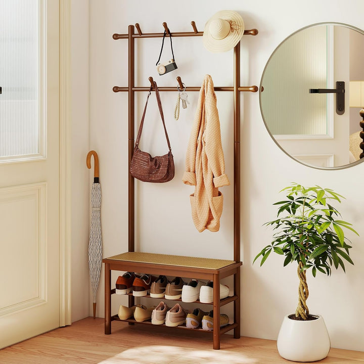 FANTASK Garderobenständer mit PE-Rattan Schuhbank, 71 x 30 x 169,5 cm, Kleiderständer mit Schuhregal