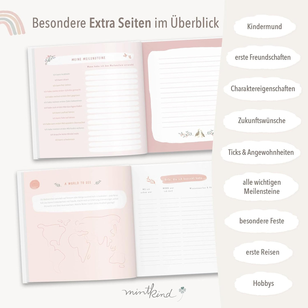 "Meine Kindheit" Erinnerungsalbum Rosa + Sticker Set I deine ersten 10 Jahre I Fotoalbum Kinder Gesc