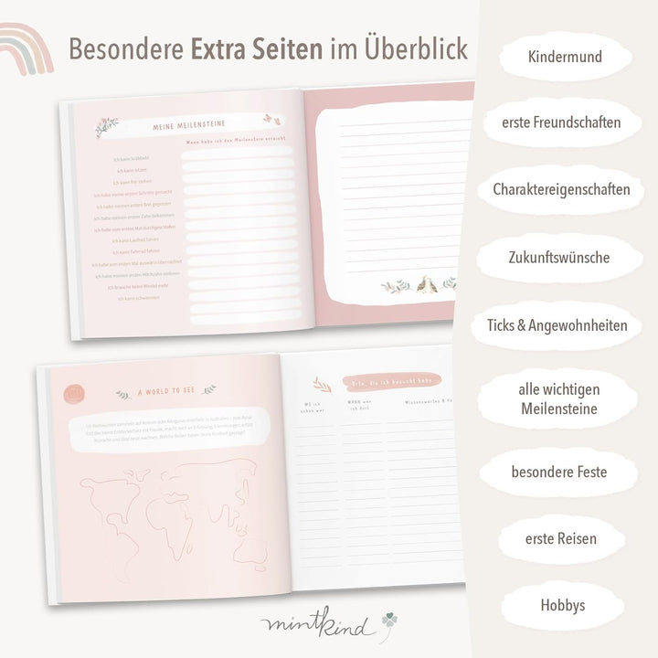 "Meine Kindheit" Erinnerungsalbum Rosa + Sticker Set I deine ersten 10 Jahre I Fotoalbum Kinder Gesc