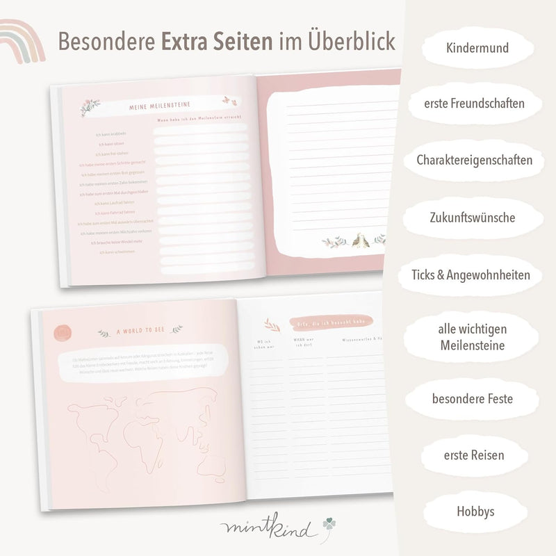"Meine Kindheit" Erinnerungsalbum Rosa + Sticker Set I deine ersten 10 Jahre I Fotoalbum Kinder Gesc