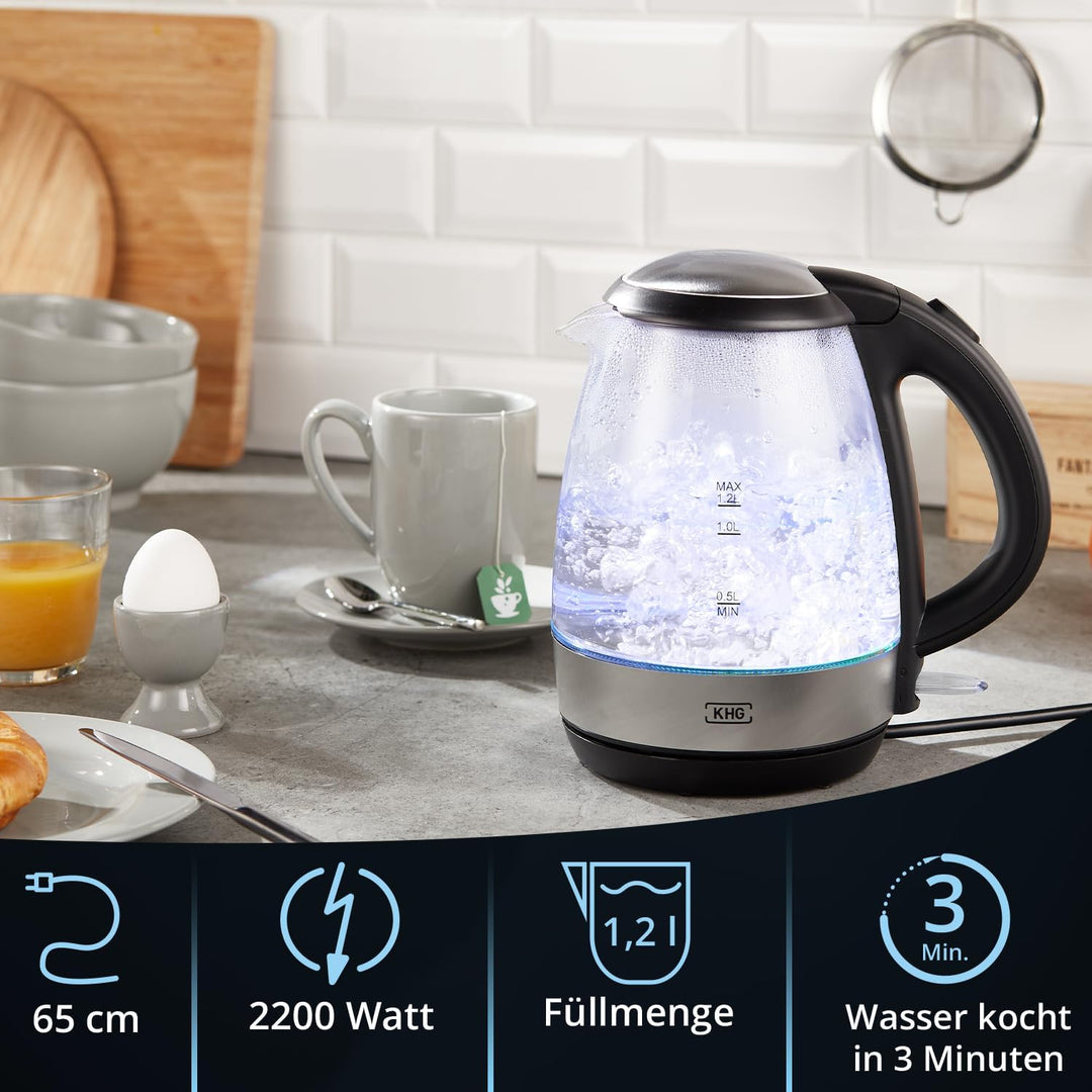 KHG Wasserkocher WK-121GES Glas LED, 1,2 Liter, abwaschbarer Kalkfilter, Wasserstandsanzeige, Öffnen
