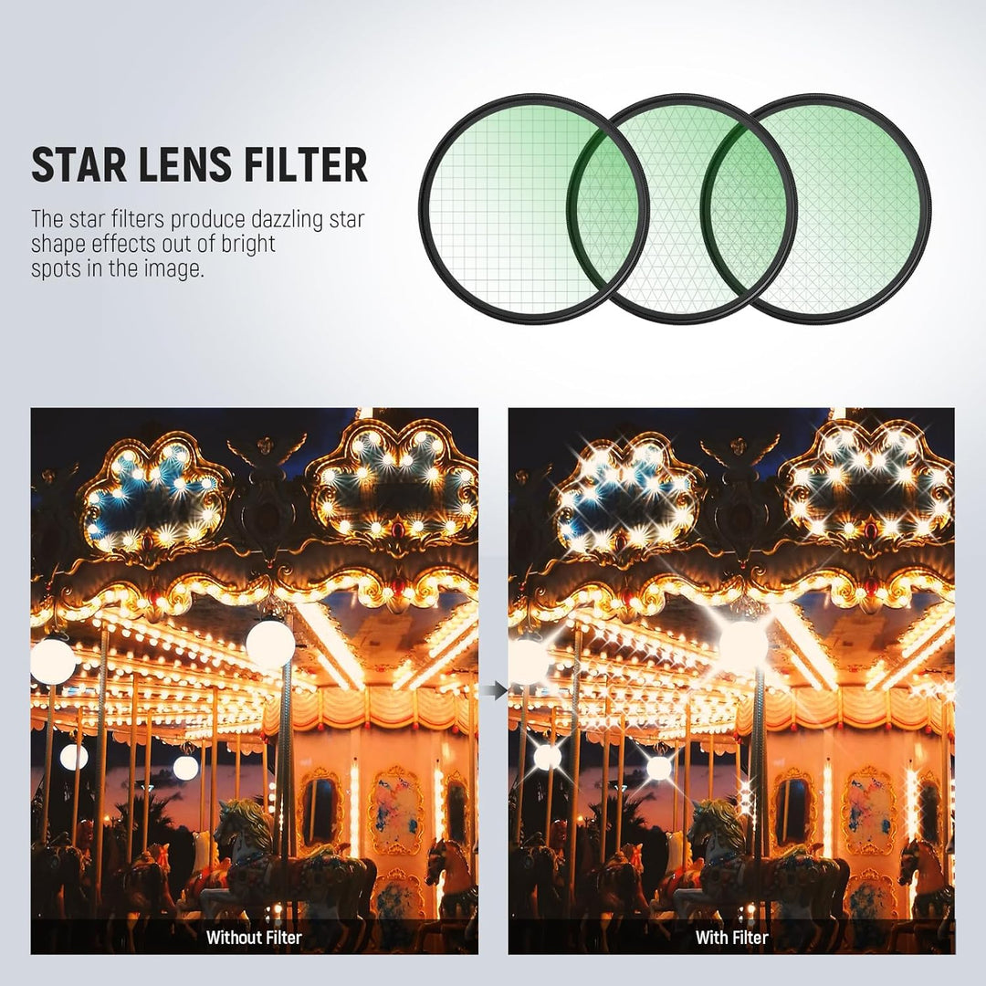 NEEWER 3 STÜCK 52mm Sternfilter, Einstellbarer Kreuzschirm Sterneffektfilter (4, 6, 8 Punkte) mit ul