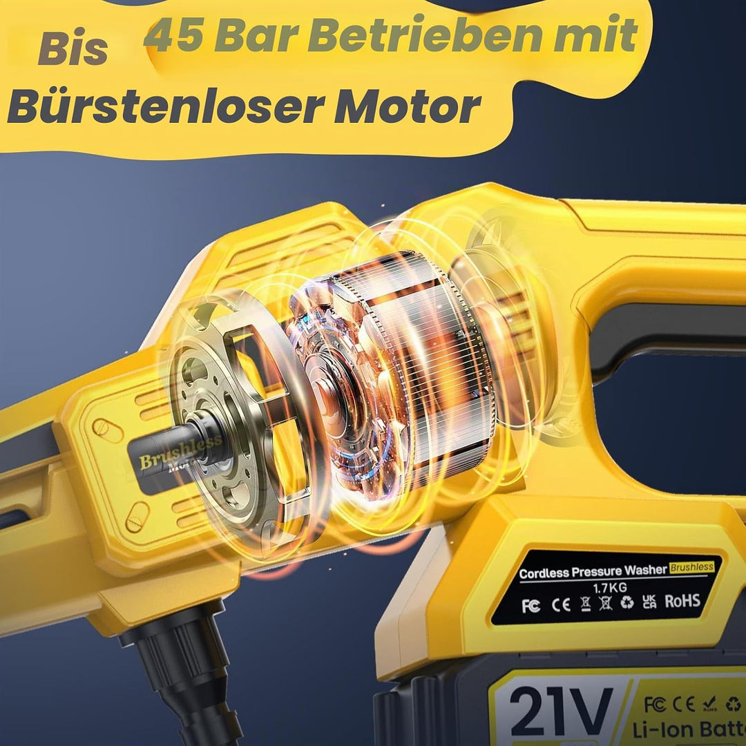 Akku Hochdruckreiniger 65-75 Bar mit LCD &amp; 6-in-1-Düse, 8000mAh | Bürstenloser Motor, LCD-Display, 5