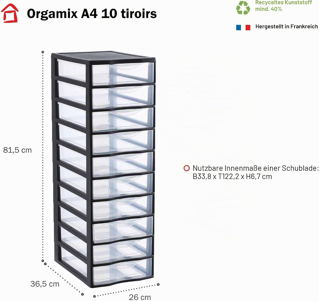 SUNDIS Orgamix, schubladenbox aus Kunststoff, 10 transparente Schubladen im A4-Papierformat, Höhe 81