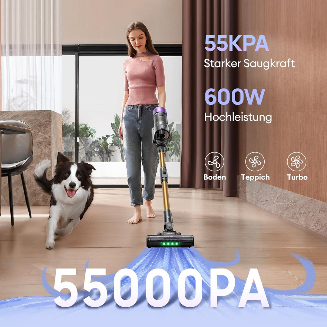 Ultenic Akku Staubsauger,55KPA/600W/60Mins Staubsauger Kabellos mit 180° klappbarem Rohr, 1,5L Gross