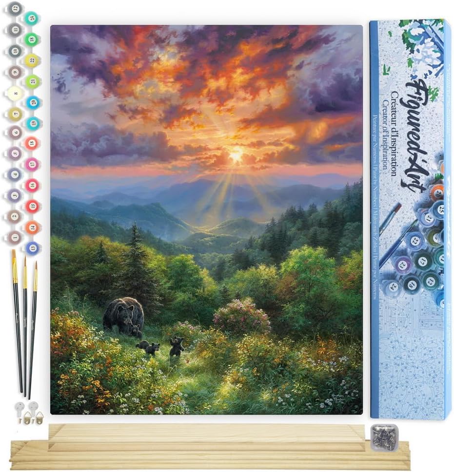 Figured'Art Malen Nach Zahlen Erwachsene Mit Rahmen Bär und Sonnenuntergang - Paint by Numbers Baste