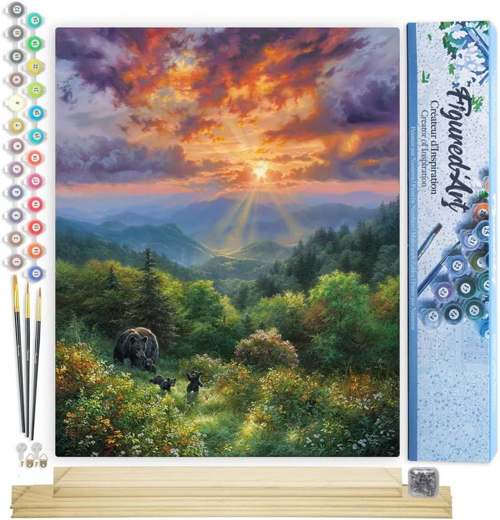 Figured'Art Malen Nach Zahlen Erwachsene Mit Rahmen Bär und Sonnenuntergang - Paint by Numbers Baste