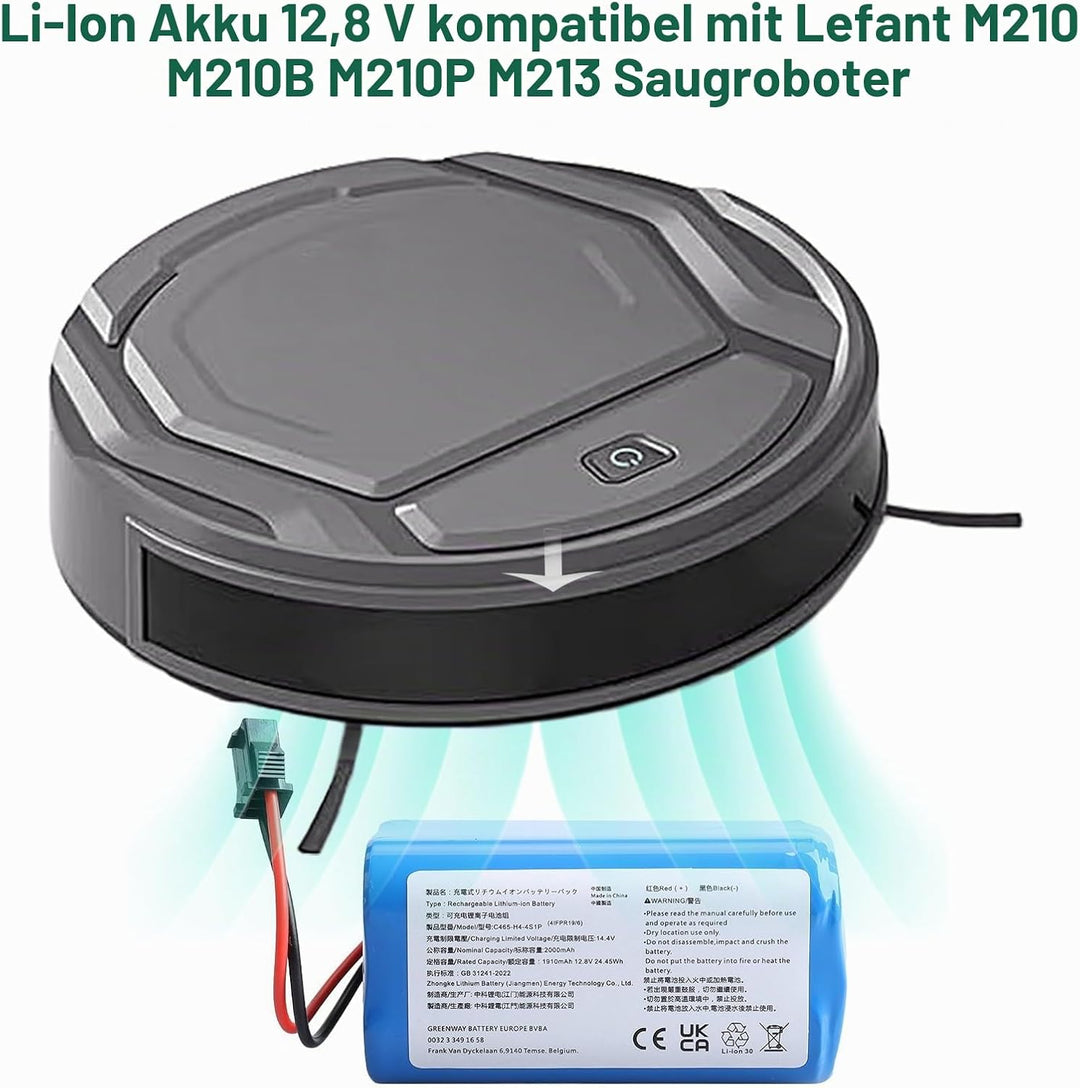 12.8V 2000mAh Ersatzakku Kompatibel mit Lefant M210 M210B M210P M213 M213S Robot Vacuum Cleaner, Li-