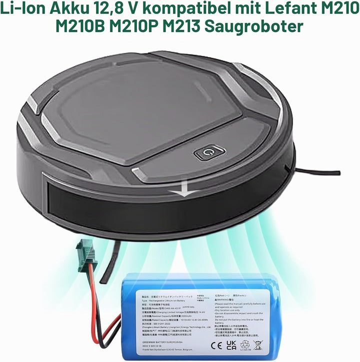 12.8V 2000mAh Ersatzakku Kompatibel mit Lefant M210 M210B M210P M213 M213S Robot Vacuum Cleaner, Li-