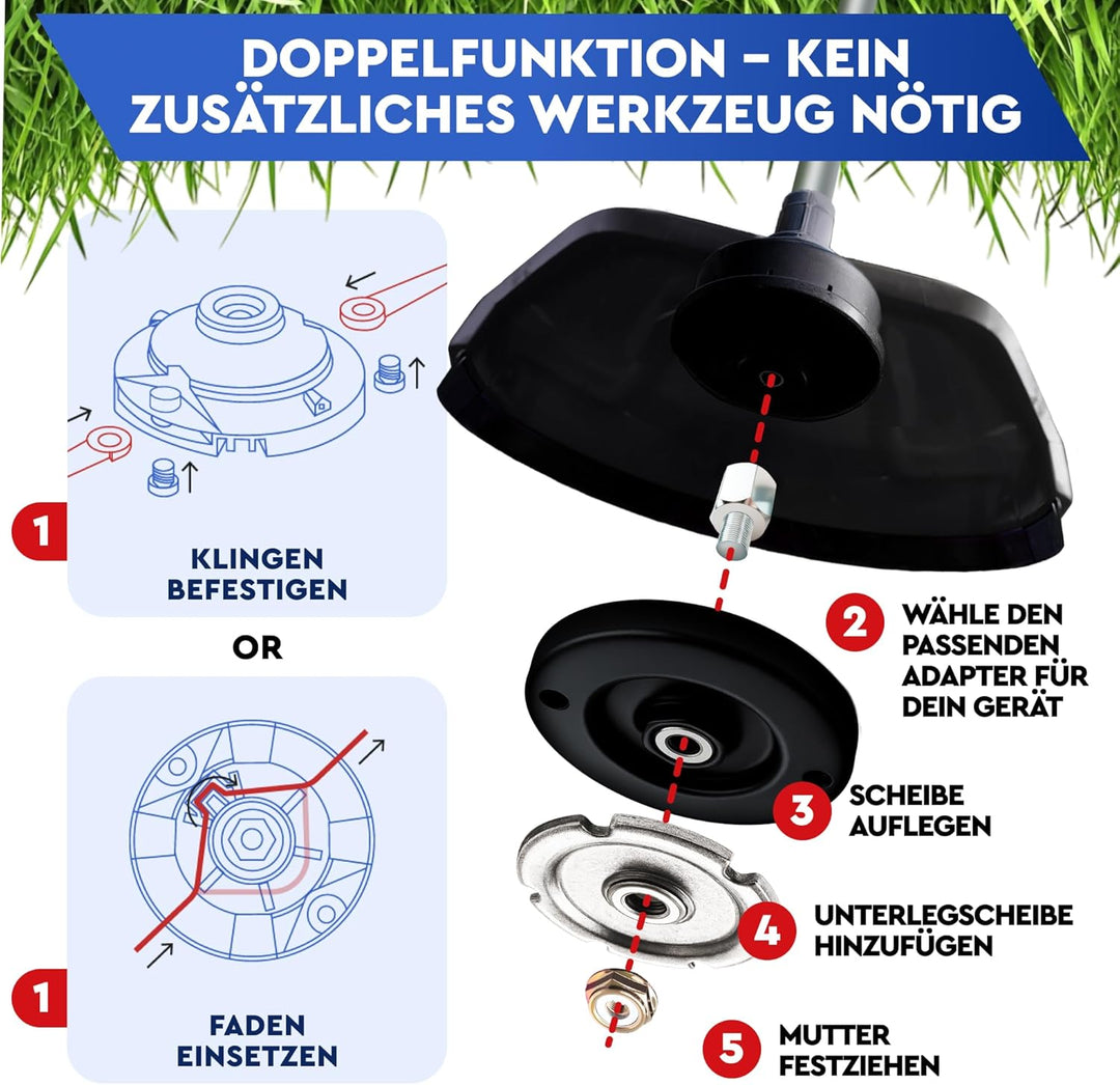 Trimmerkopf Universal 2 in 1 – Ersatzkopf mit Faden & Klingen für Rasentrimmer & Motorsense, Mähkopf