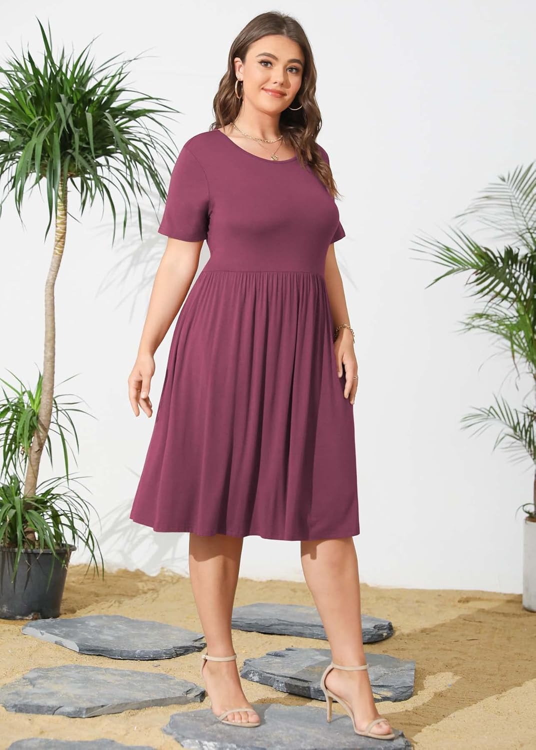 POSESHE Damen-Sommerkleid in Übergrösse 2023, lässig, kurzärmelig, Empire-Taille, lockere Passform,