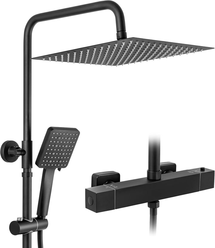 Auralum Thermostat Duschsystem Komplettset Schwarz mit 30cm Edelstahl Regendusche, 6 Strahlarten Han