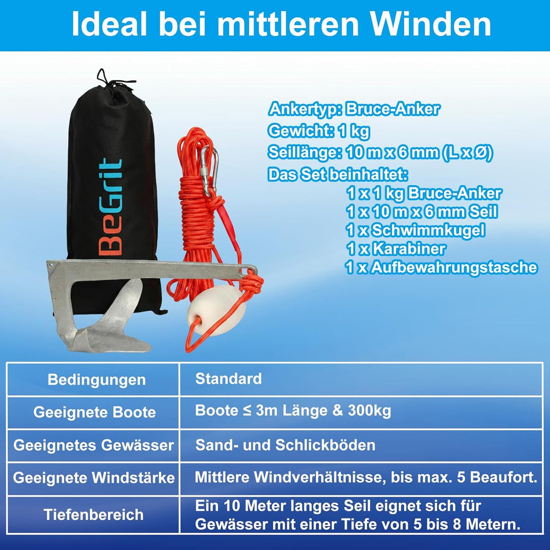 BeGrit 1KG Bruce Anker Stahl Verzinkt mit 10m reissfesten Ankerleine ø 6 mm &amp; Ankerboje Kugel Set fü