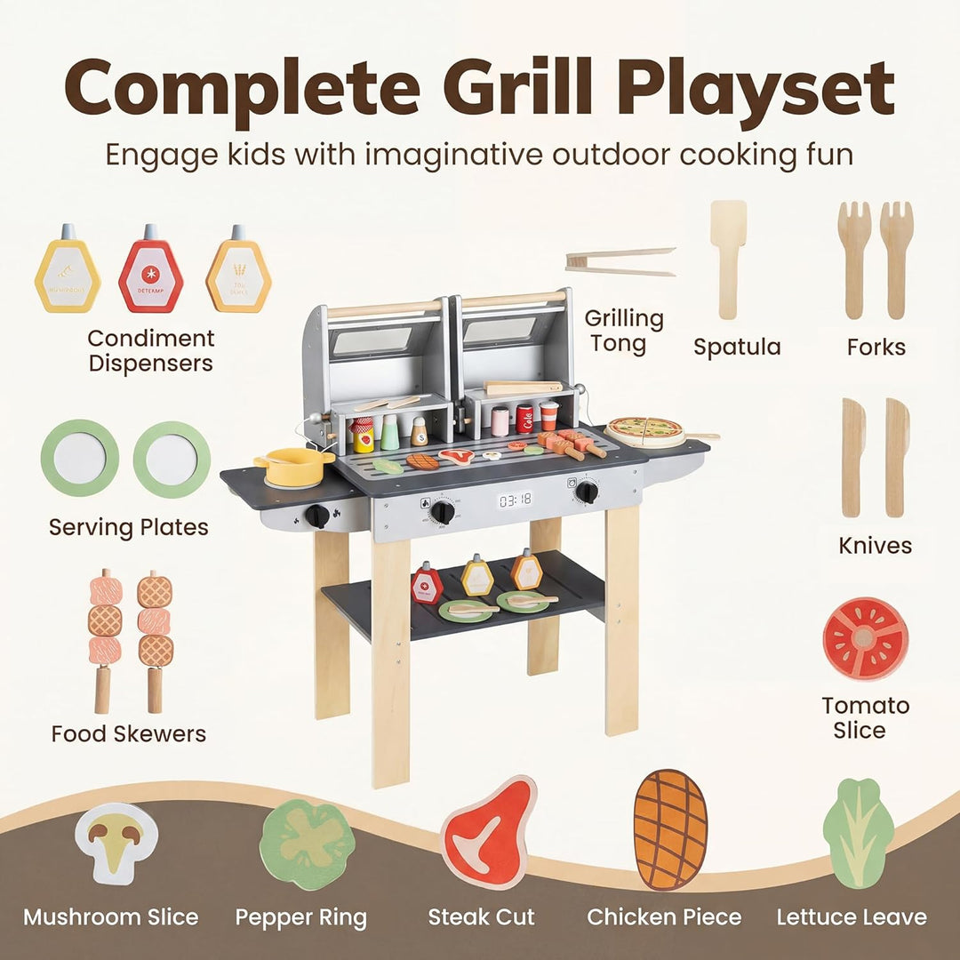 HOMASIS Kinder Grill Spielzeug aus Holz, BBQ Kindergrill-Spielset mit 2 Grillrosten, Verschlussdecke