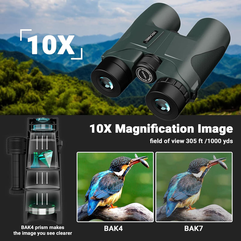 USCAMEL Fernglas Testsieger, 10x42 Wasserdicht Metallische Spiegelkörper Grüner Film Hohe Binoculars