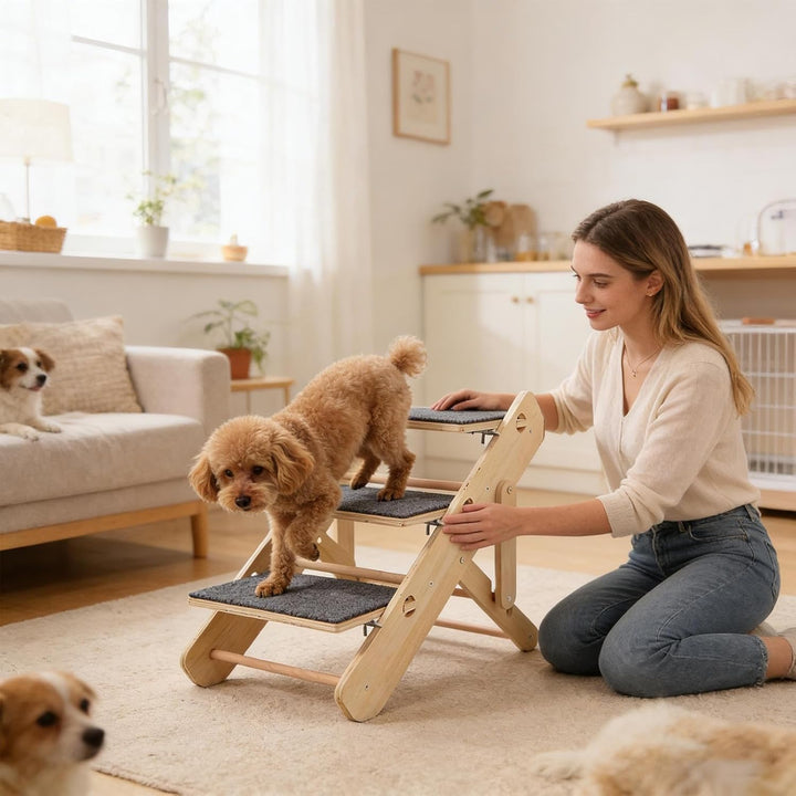 Katzen-Treppe,3-stufig, rutschfest &,Hundestufen | zum Klettern für Zuhause, Wohnzimmer, Bettseite,
