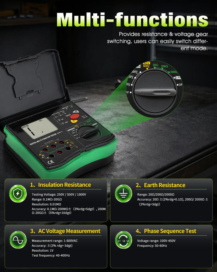 Erdungswiderstandsmessgerät, 20GΩ Megaohmmeter Voltmeter 4in1 Multimeter | Phasenfolgeprüfer, Erdung