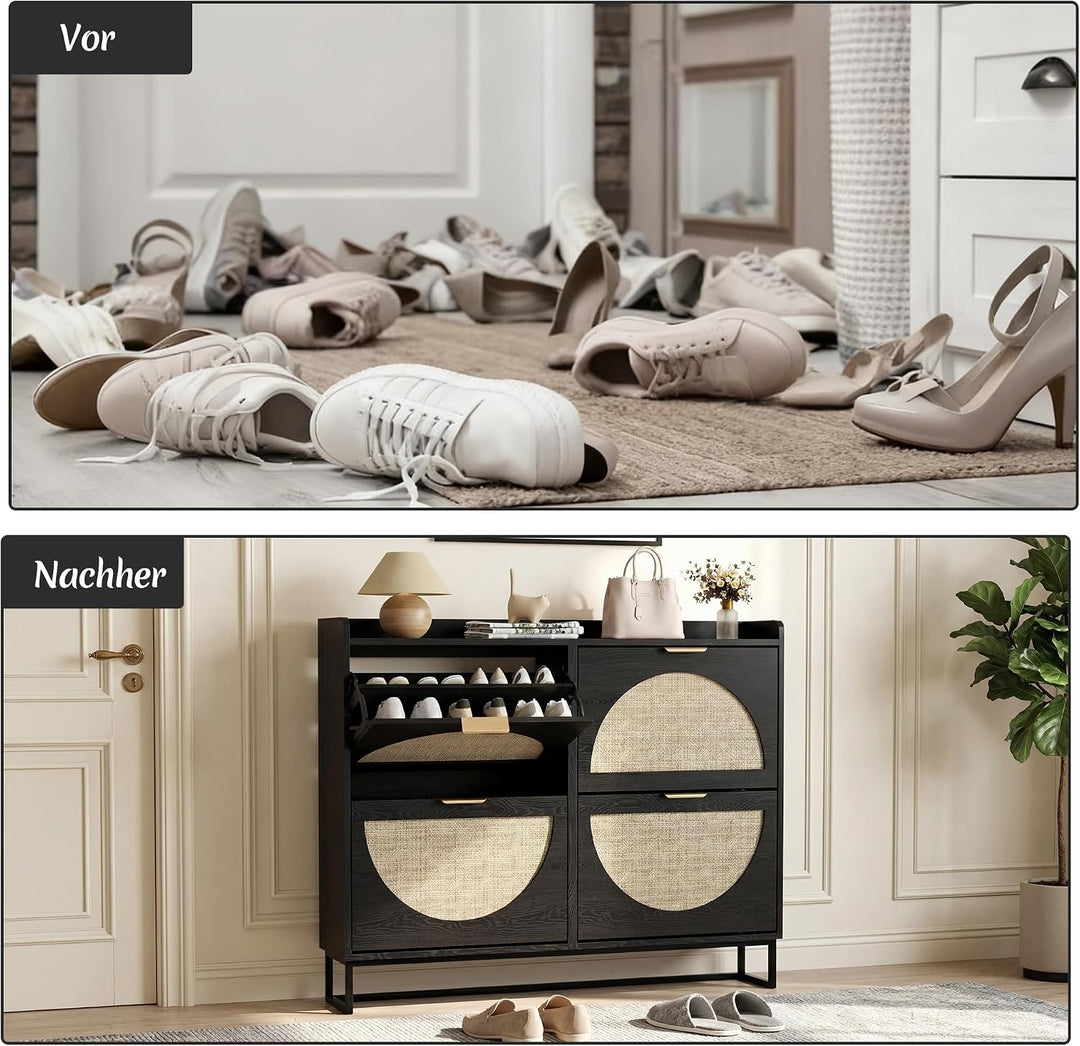 BonVache Schuhkommode mit 4 Klappfächern, Grosser Rattan Schuhschrank Schmal Holz, Schuhaufbewahrung