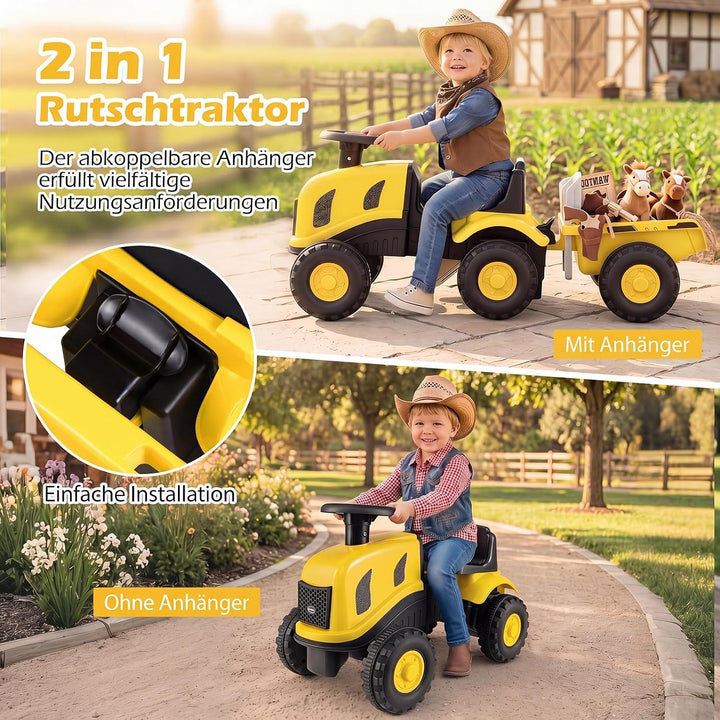 COSTWAY Kindertraktor mit Anhänger, 2-in-1 Rutschfahrzeug (Gelb), Gelb
