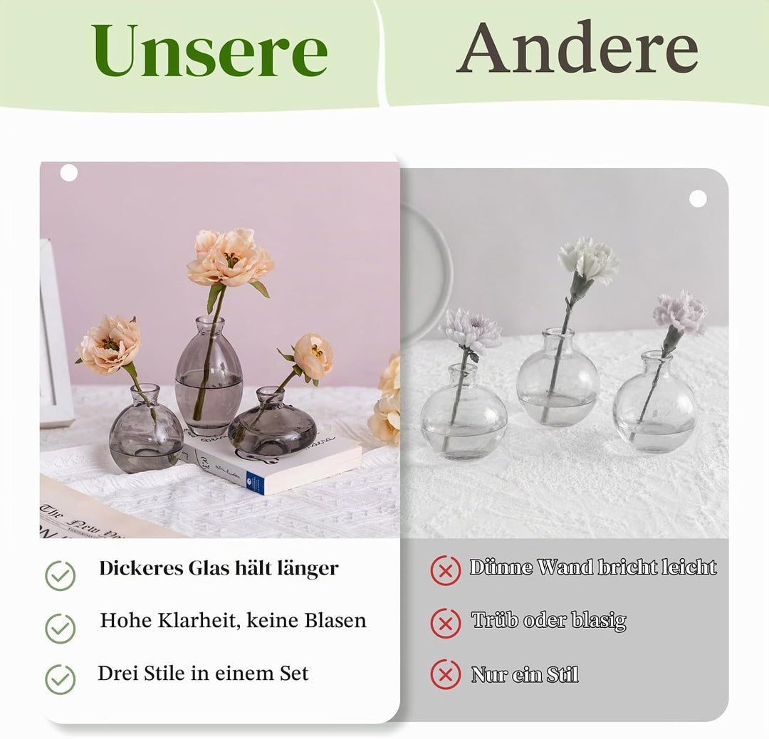 Kleine Vasen Für Tischdeko Vintage Handmade, 3 Teilig Mini Vase Glas Grau Blumenvase Modern Set Vers