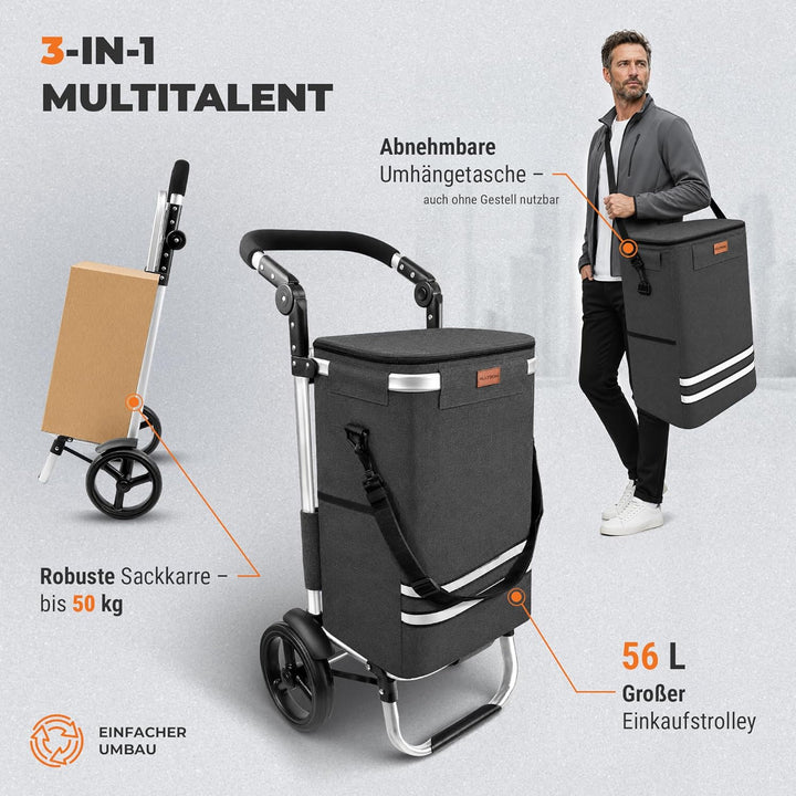 Allyson Rechteckiger Einkaufswagen - Ergonomischer, Klappbarer Shopping Trolley mit 56L Wasserdichte