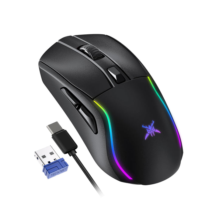 TECKNET Gaming Maus Kabellos, 24000 DPI mit DREI Verbindungsmodi und 6 RGB-Leuchten, Wiederaufladbar