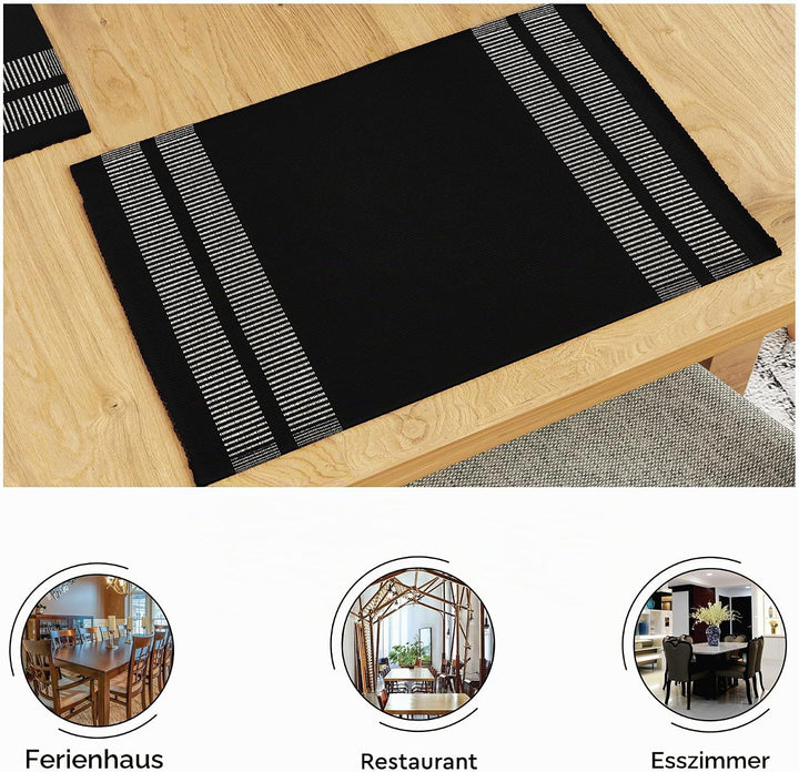Encasa Homes Esszimmer-Set (4 Tischsets + 1 Tischläufer) | Ladder Black | Fein gerippte Baumwolle |
