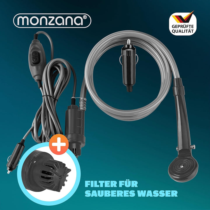 Monzana® Campingdusche tragbar mit Pumpe 12V KFZ-Adapter Aufbewahrungstasche 2m Schlauch 5m Stromkab