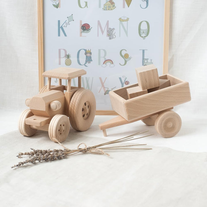 Hofmeister Holzwaren Trecker mit Anhänger, Spielzeug Auto Kinder, oder, Dekoration, aus Buchenholz L