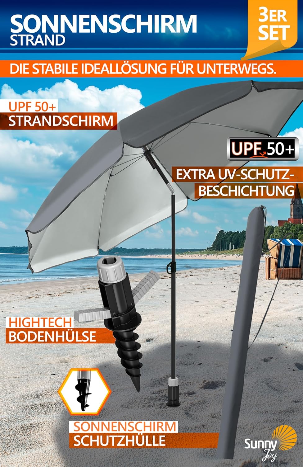 4smile Sonnenschirm Strand SET mit Bodenhülse, Ø 200 cm, Anthrazit | UPF 50+ Strandschirm + Sonnensc