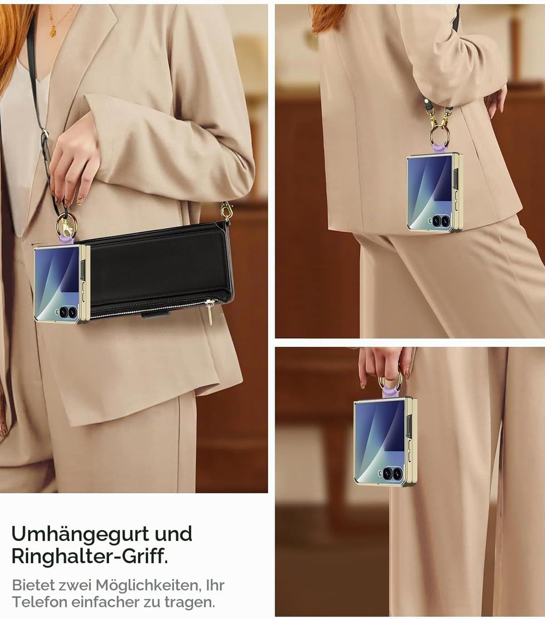 Miimall Lederhülle Kompatibel mit Samsung Galaxy Z Flip 7 Hülle mit Band+Ring Ständer [HD Displaysch