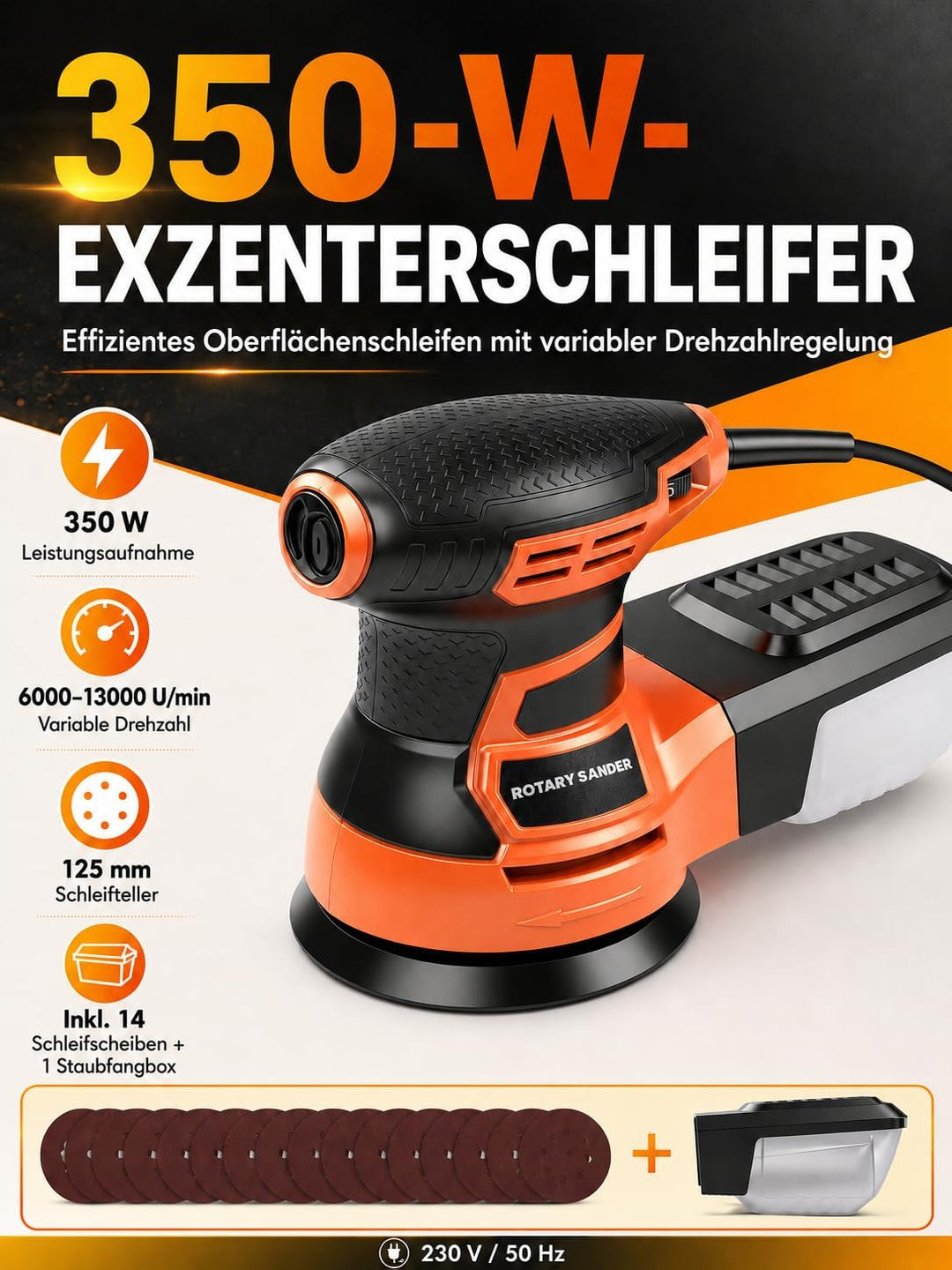 Exzenterschleifer 125mm, 350W Schleifmaschine 6000-13000 U/min, 6 Geschwindigkeiten, mit Staubabsaug