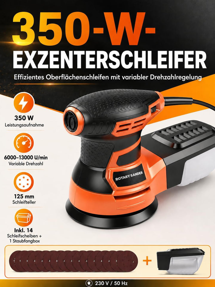 Exzenterschleifer 125mm, 350W Schleifmaschine 6000-13000 U/min, 6 Geschwindigkeiten, mit Staubabsaug