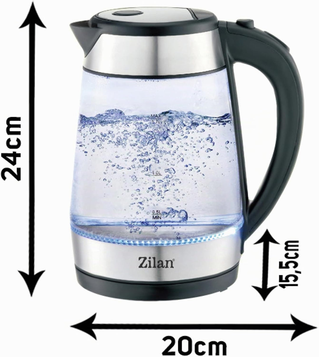 Edelstahl Glas Wasserkocher | 2200W | 1,7 Liter | Blaue LED-Beleuchtung | 360 Grad | Kalkfilter | BP