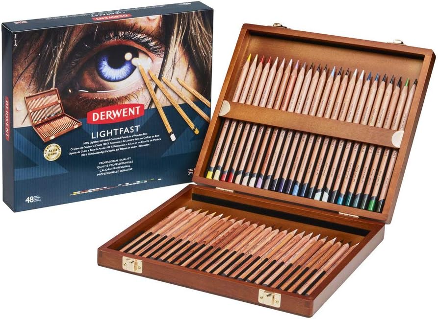 Derwent Lightfast Lichtechte Farbstifte in Geschenk-Box aus Holz, Zeichnen &amp; Ausmalen, 48er-Set, Ide