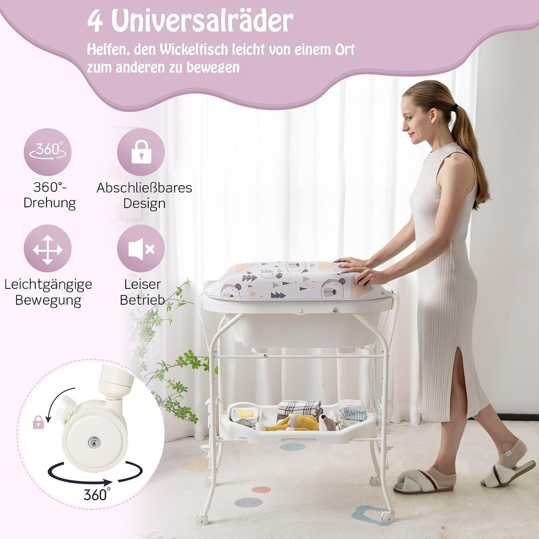 DREAMADE 2 in 1 Wickeltisch & Badewanne mit Gestell, Wickeltisch Klappbar, Wickelkommode auf Rollen