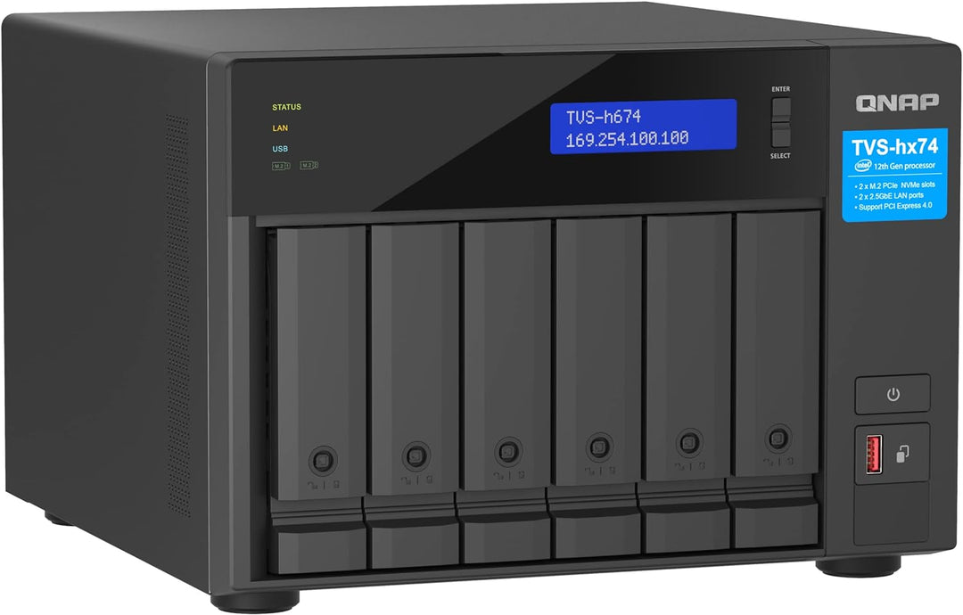 Qnap TVS-h674-i3-16G Intel Core i3 Prozessor, 16 GB RAM, PCIe Gen 4, Schwarz, 6 Bay