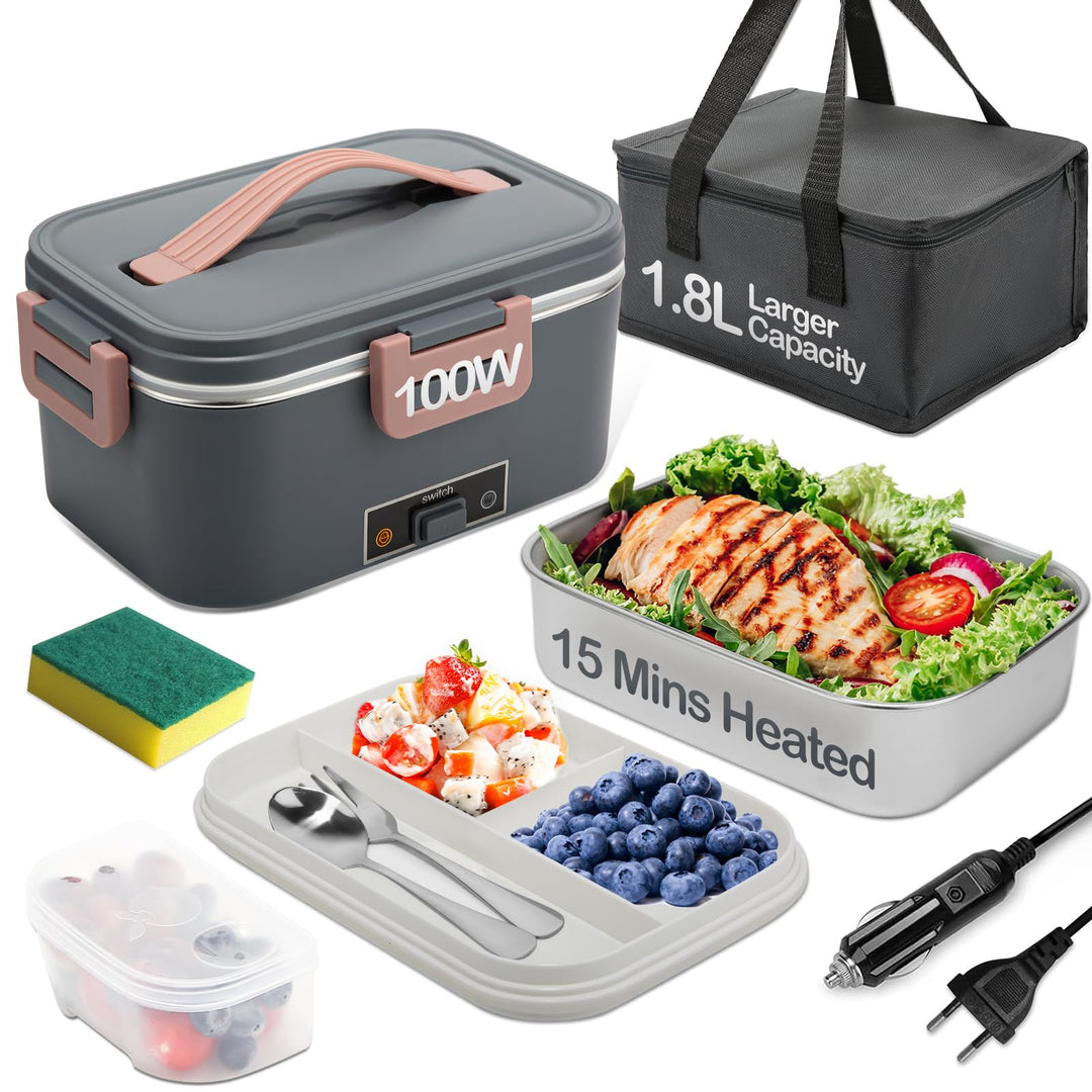 Elektrische Lunchbox 100W, 3-In-1 tragbare beheizte Lunchbox, 1,8L Edelstahl Entnehmbare brotdose, 1